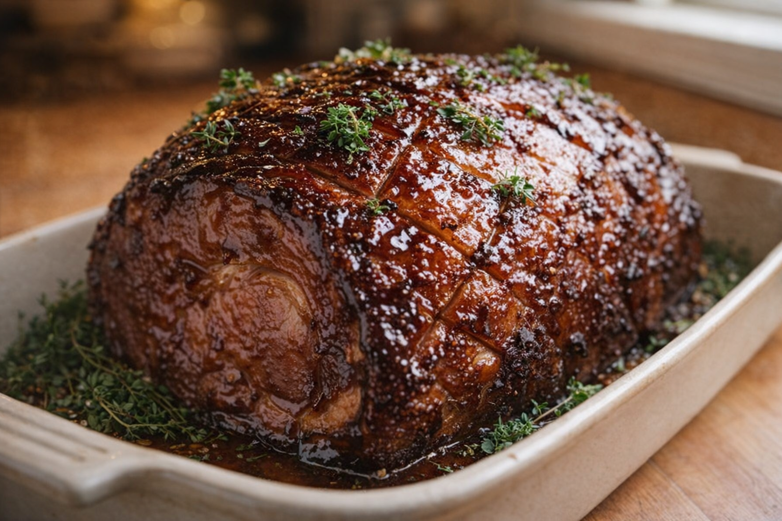 A whole ham, glazed with a rich, dark brown sugar glaze, glistening under warm kitchen lighting, garnished with fresh herbs